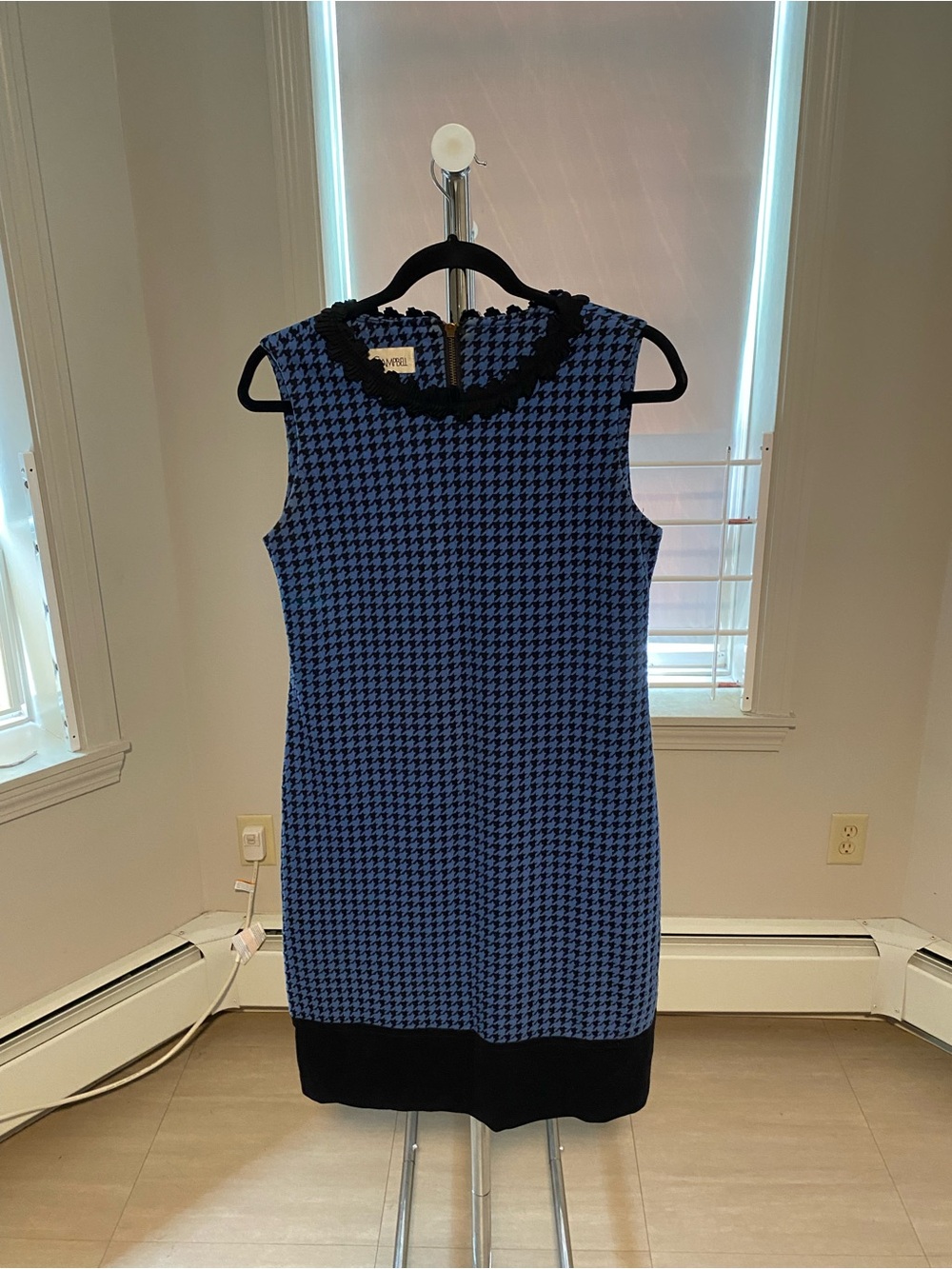Sara Campbell Blue and Black Houndstooth Sleeveless Shift Dress